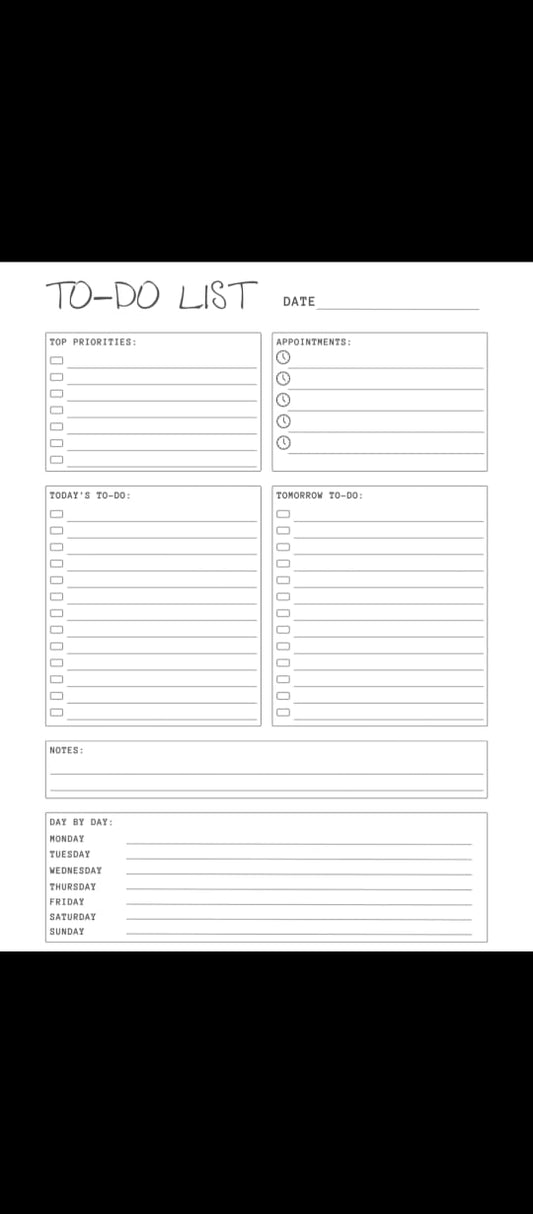 Black and white to-do list template with checkboxes and date field.