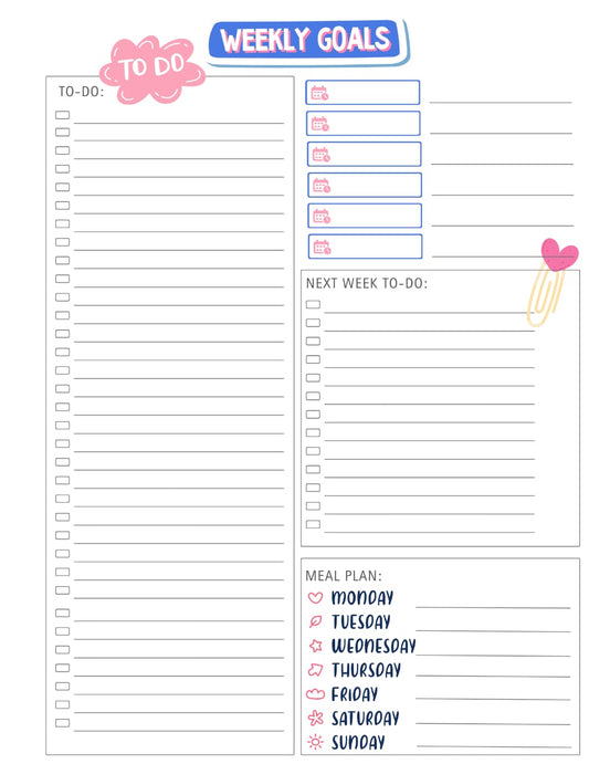 Weekly goals planner with to-do list, meal plan, and next week to-do sections.