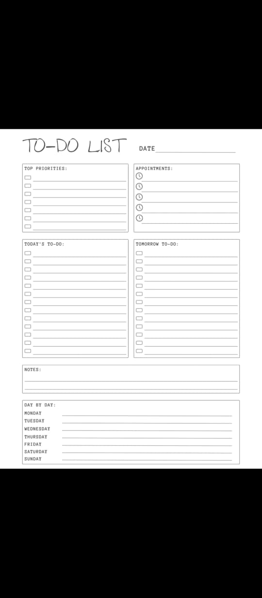Black and white to-do list template with checkboxes and date field.